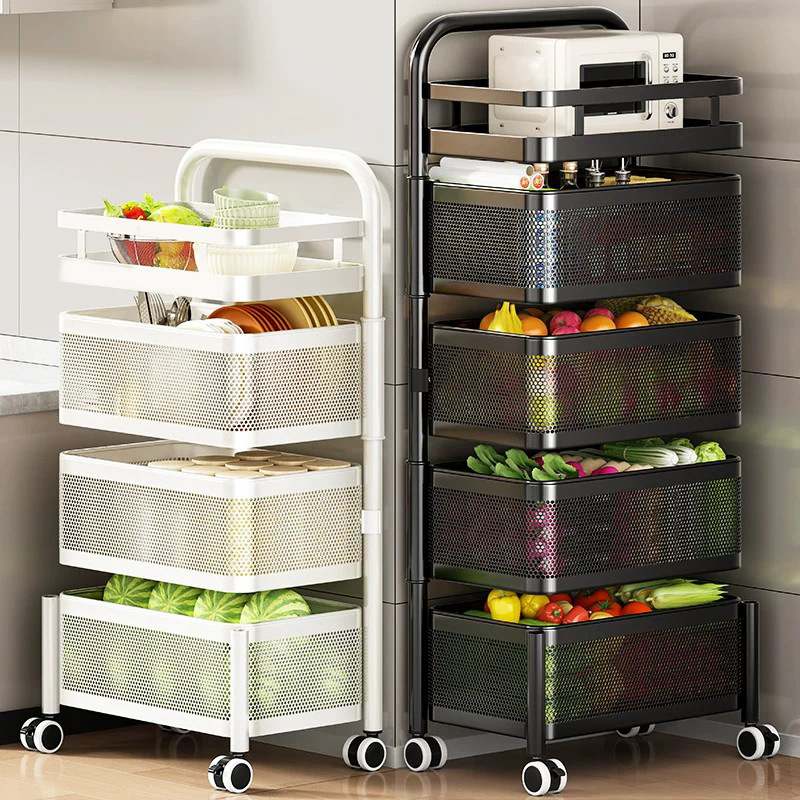 No-installation required kitchen rotating shelf, floor-standing multifunctional fruit and vegetable basket, small cart, mobile storage rack