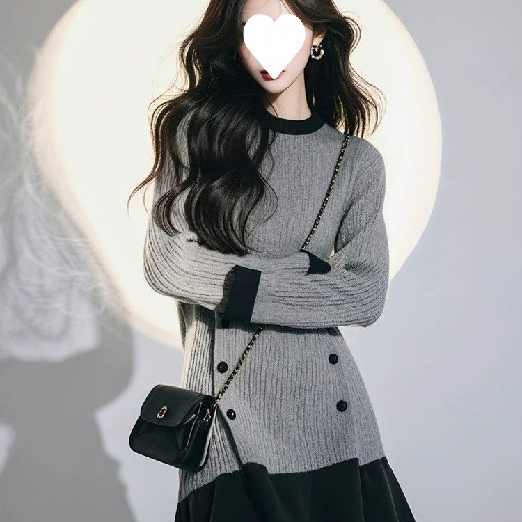 早秋大码胖MM撞色圆领长袖针织连衣裙女春新款宽松慵懒风显瘦新款