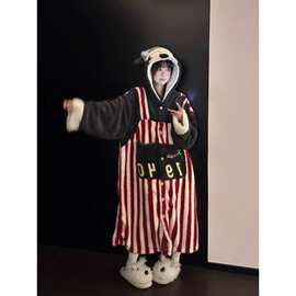 可爱米奇条纹连帽珊瑚绒睡袍女秋冬新款保暖加厚家居服睡裙可外穿