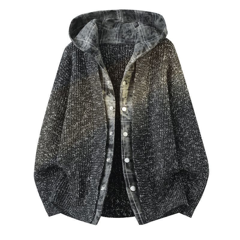 Fake Two-Piece Hooded Cardigan Sweater Men's Denim Splicing New Style Jacket Autumn and Winter New Casual Top