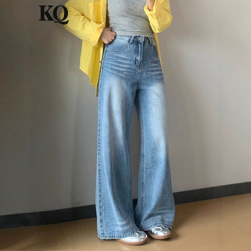 Blue Easy-To-Match Washed Retro Straight Wide-Leg Jeans for Women's Summer Commuting Outerwear Fashionable Denim Trousers