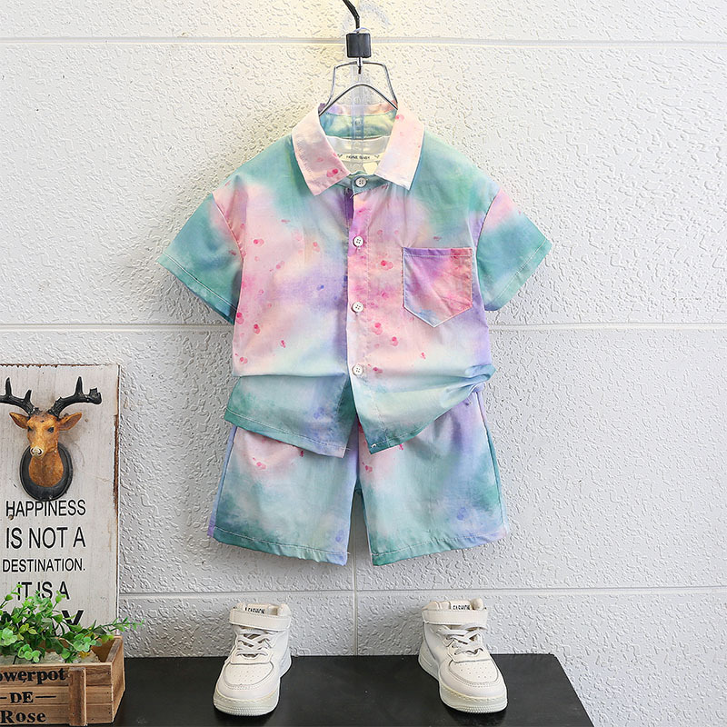 7304 traje de verano para niños, camisa de manga corta para niños guapos, pantalones cortos, verano 2025 nueva ropa de playa de vacaciones