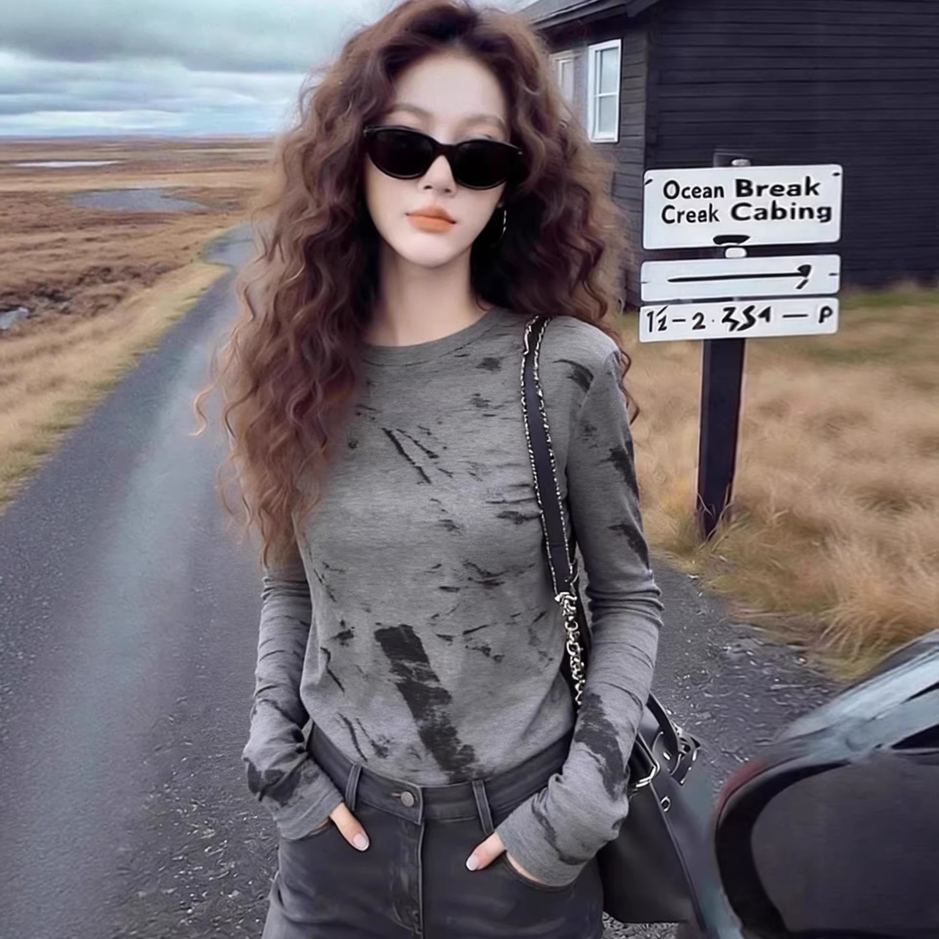 Gray Printed Long-sleeved Versatile New Style 2026 Spring And Autumn...