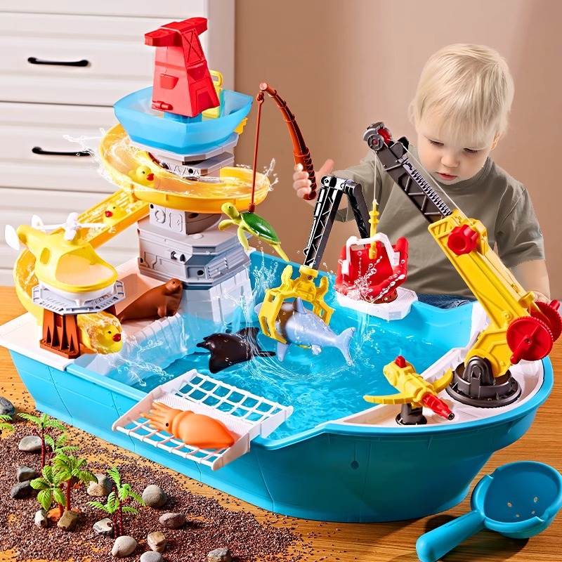 Happy Fishing Boat Model Set, Adventure Rafting Slide Adventure, Kidsren's Water Fishing Toy Gift