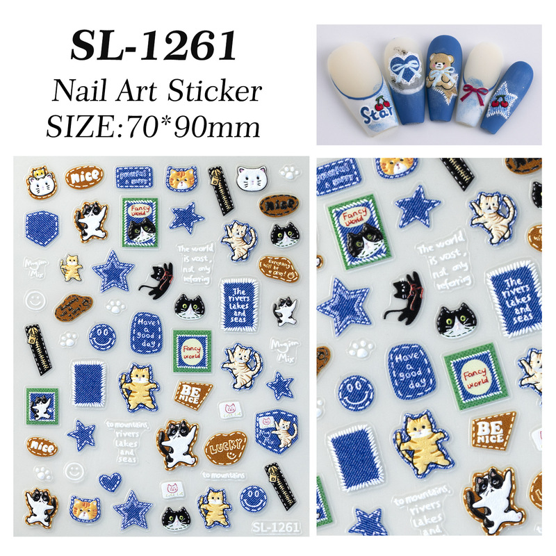 可爱牛仔小猫美甲贴纸5D浮雕立体牛仔布猫咪diy指甲贴纸饰品 SL款|undefined