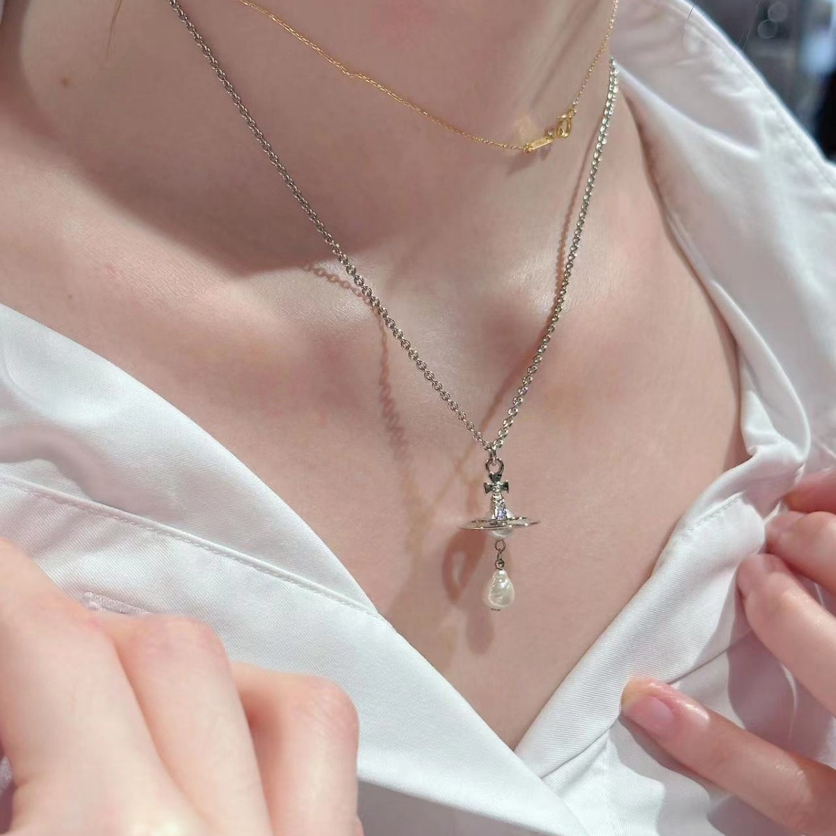 small size High Version Empress Dowager Saturn Stereo Water Drop Baroque Pearl Saturn UFO Planet Necklace