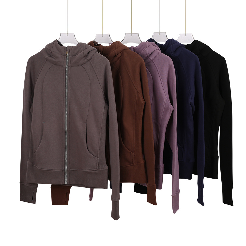 LULUSU European and American style full-zip hooded jacket with thumb holes on the cuffs, pockets, short length, fleece-lined, for fitness and casual wear