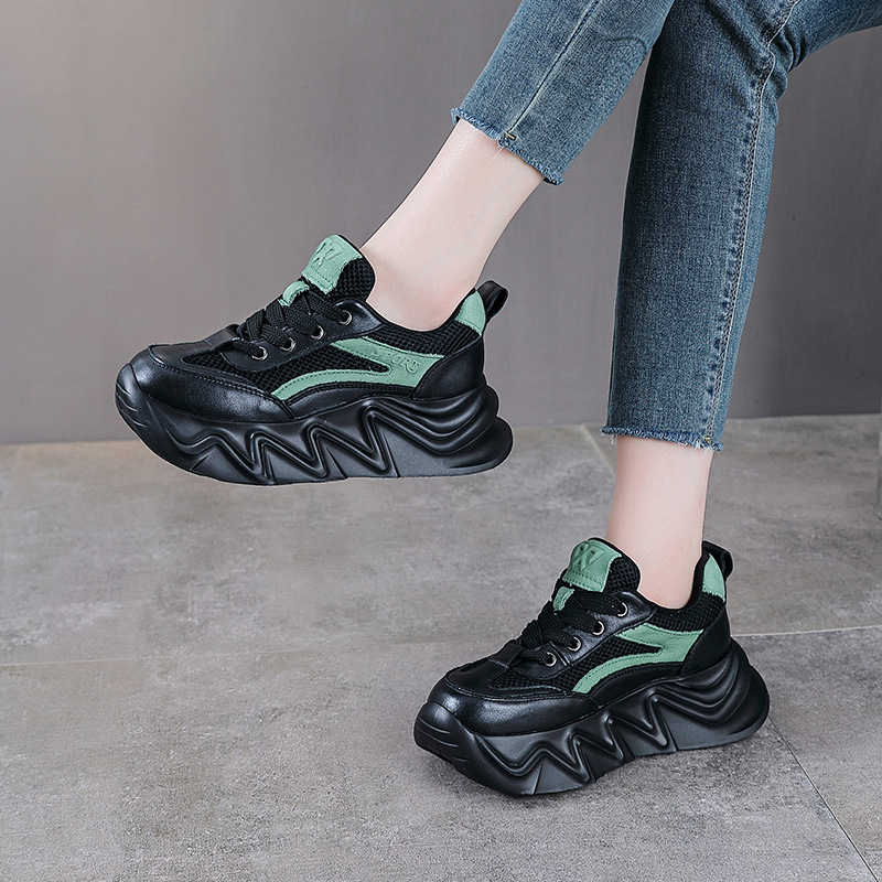 Giày sneaker chunky đế dày da bò cho nữ phối màu cổ điển — Màu đen