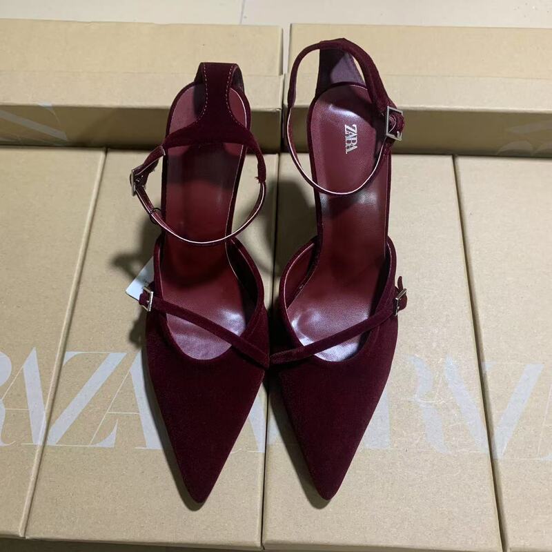 Za2024 New Cross-Border Suede European and American Women's Shoes New Ankle Buckle Pointed Toe High Heels Stiletto British Style