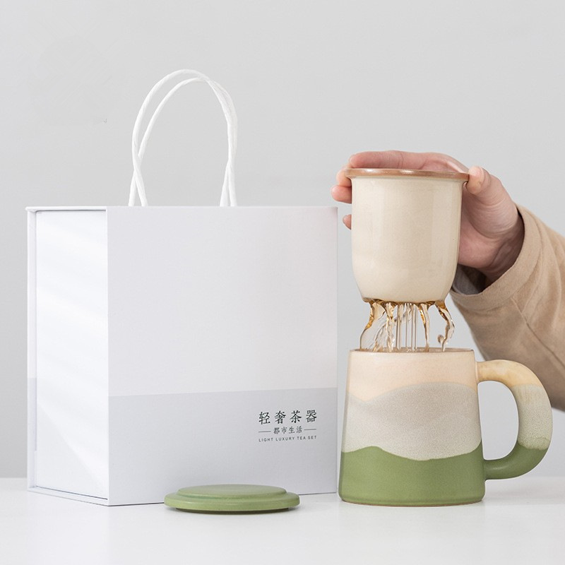 Chinese Style Tea Cup with Tea-Water Separation, Lid, Filter, Office Ceramic Tea Drinking Cup, Mug for Men and Women, Customizable Gift