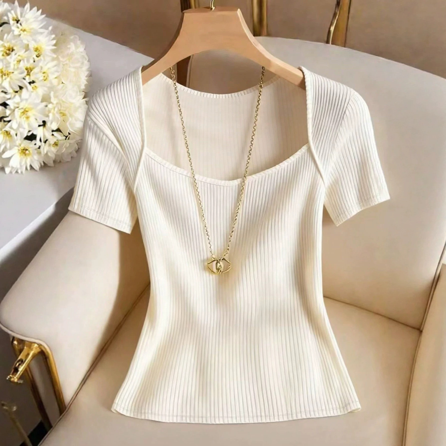 New Summer Women's Slim Fit T-Shirt Elegant European American Style Apricot Square Neck Short Sleeve Patchwork Casual Top_ecoleips.com
