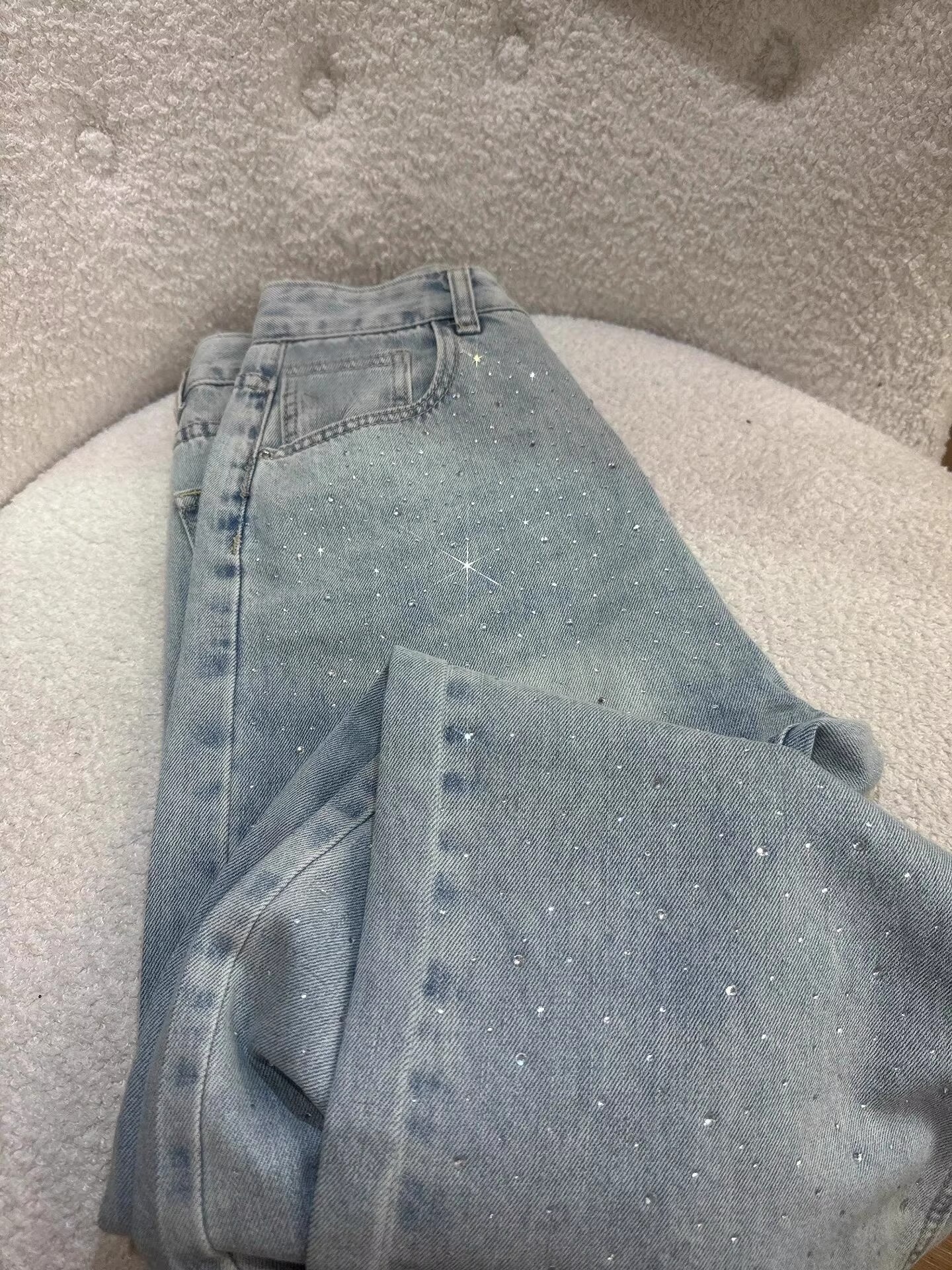 Women's Rhinestone Jeans Straight Leg Flared Pants For Winter_voghion.com