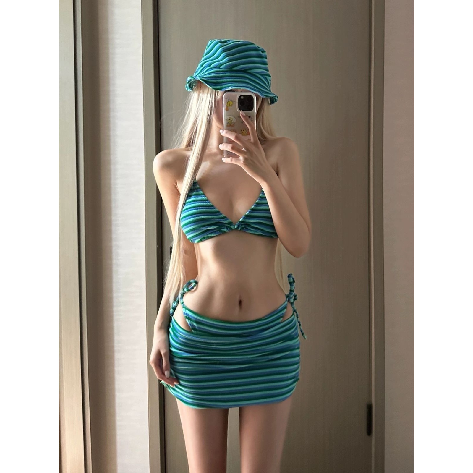 European and American Thai Towel Striped Sexy Surfing Beach Vacation Two-Piece Swimsuit Women's Bikini Skirt-Style Cover-Up Hat