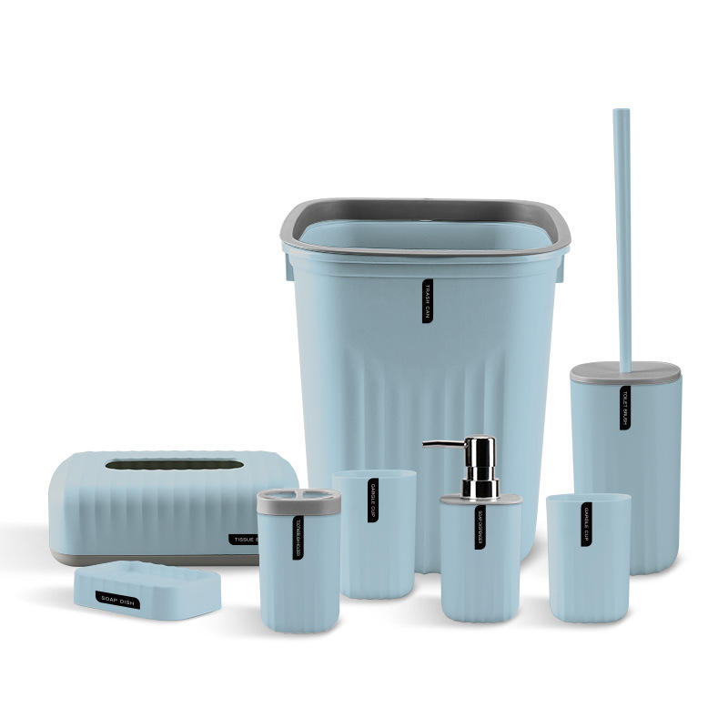 Lavado de baño patrón onda simple color sólido kit enjuague bucal taza cepillo dientes jabón caja plástico ocho piezas traje