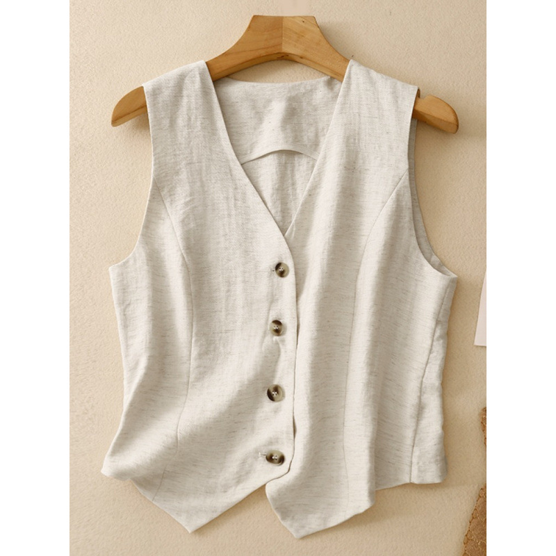 Summer Outer Suit V Neck Linen Vest for Women Pure Color Elegant Slim Sleeveless Vest Cotton and Linen Waistcoat Thin Top