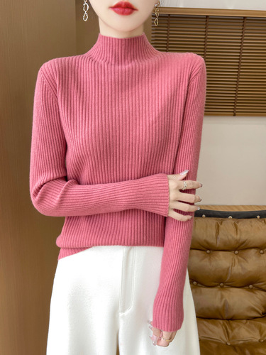 Autumn New Semi-High Collar Women's Long-Sleeve Fitted Ribbed Casual Knit Top Crewneck Sweater Outerwear for Layering