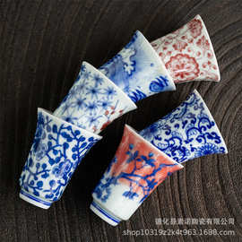 青花秋葵花口杯中式茶杯高档精致建盏主人专用陶瓷杯青花瓷闻香杯