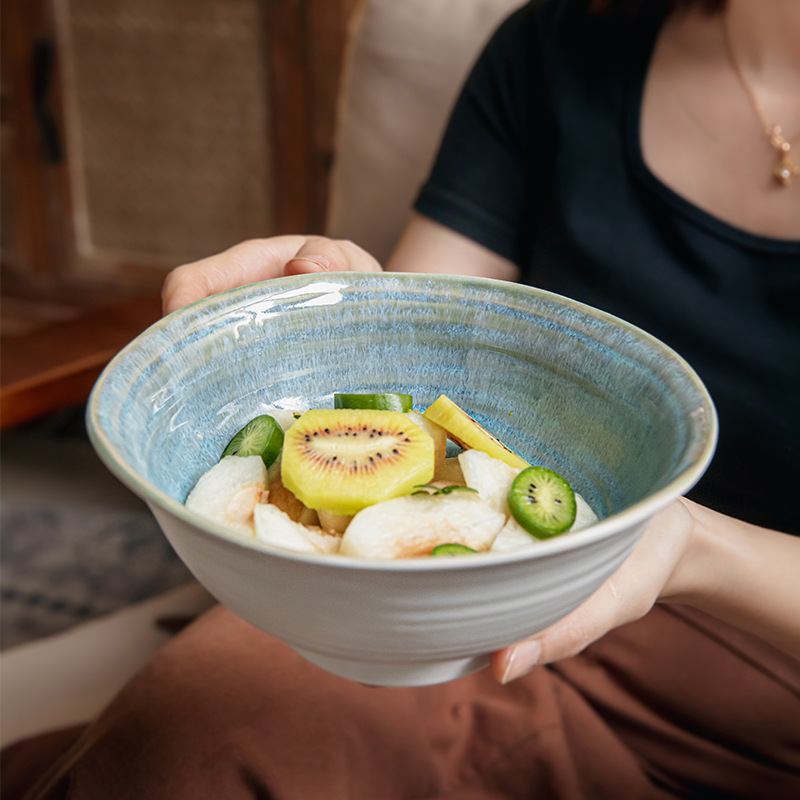Yu Day Green de alto valor irregular horno de tazón de fideos de cerámica de tazón Douga característica de tazón de fideos de ramen retro exportación transfronteriza