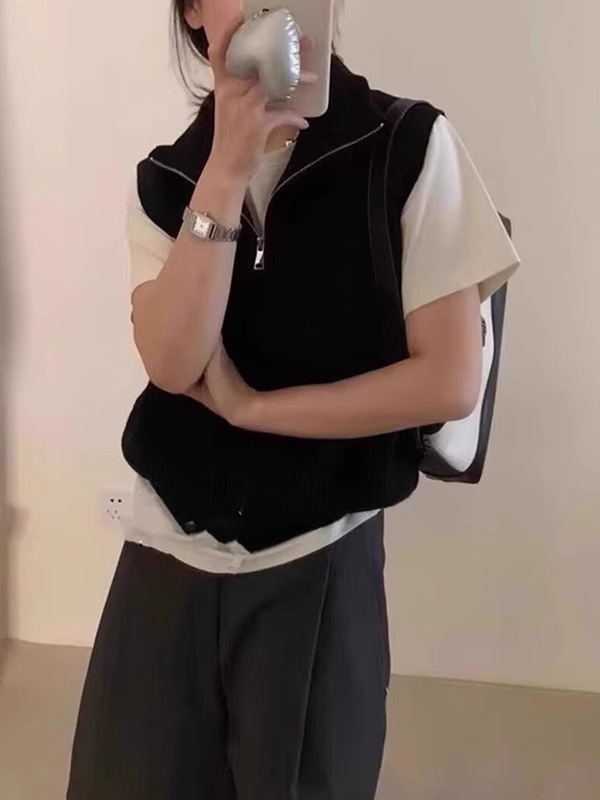 舒适简约高领双拉链针织马甲初秋新款气质百搭显瘦打底衫背心上衣|undefined