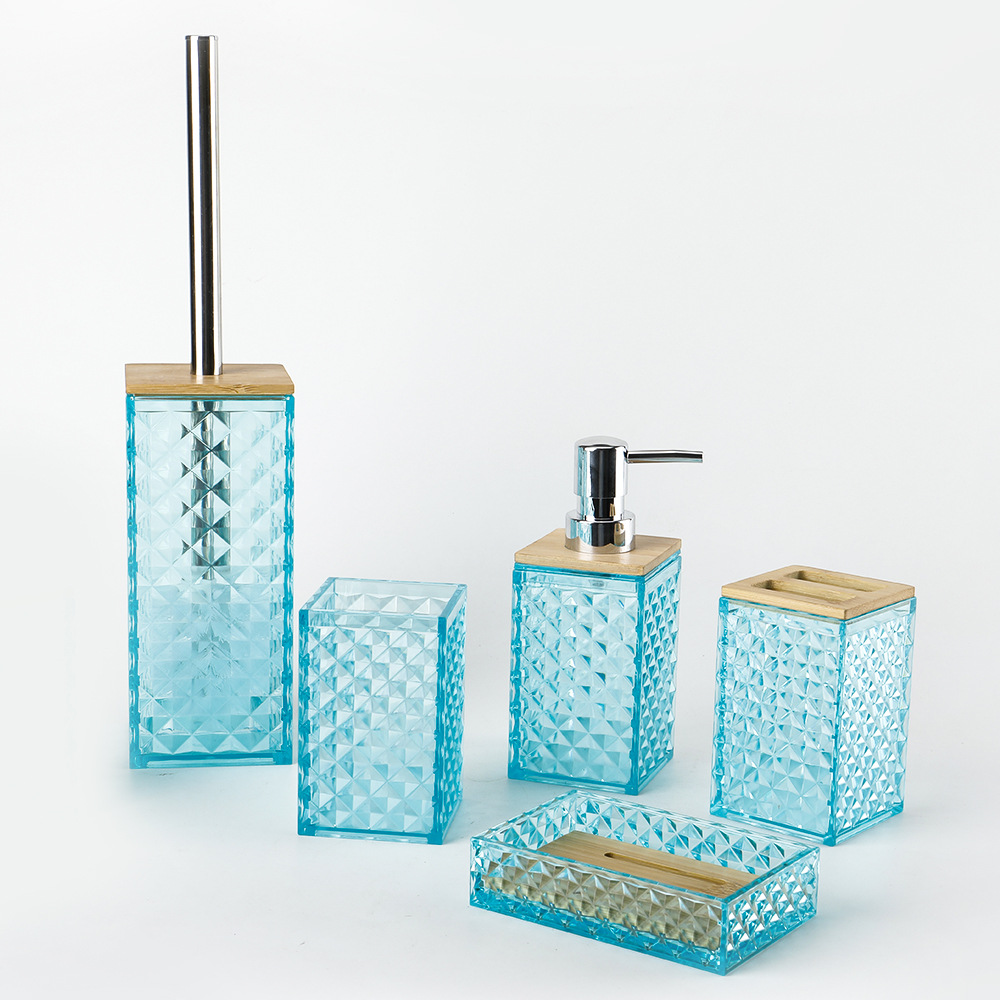 Baño sanitario de plástico de cinco piezas cubierta de bambú diamante fábrica de cubierta de baño al por mayor de cinco piezas enjuague bucal taza de baño taza de dientes de cinco piezas