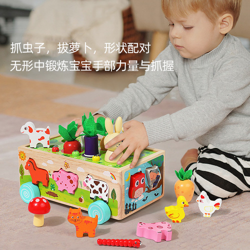 Wooden Farm Orchard Shape Matching Pull Carrot Assembly Intelligence Box Wooden Fishing Bug Catching Educational Toy for Children