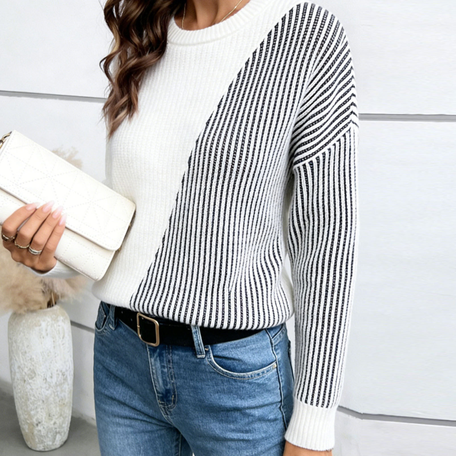Amazon fashion color-blocked striped sweater for women in autumn and winter, loose and versatile round neck long-sleeved sweater, cross-border foreign trade model