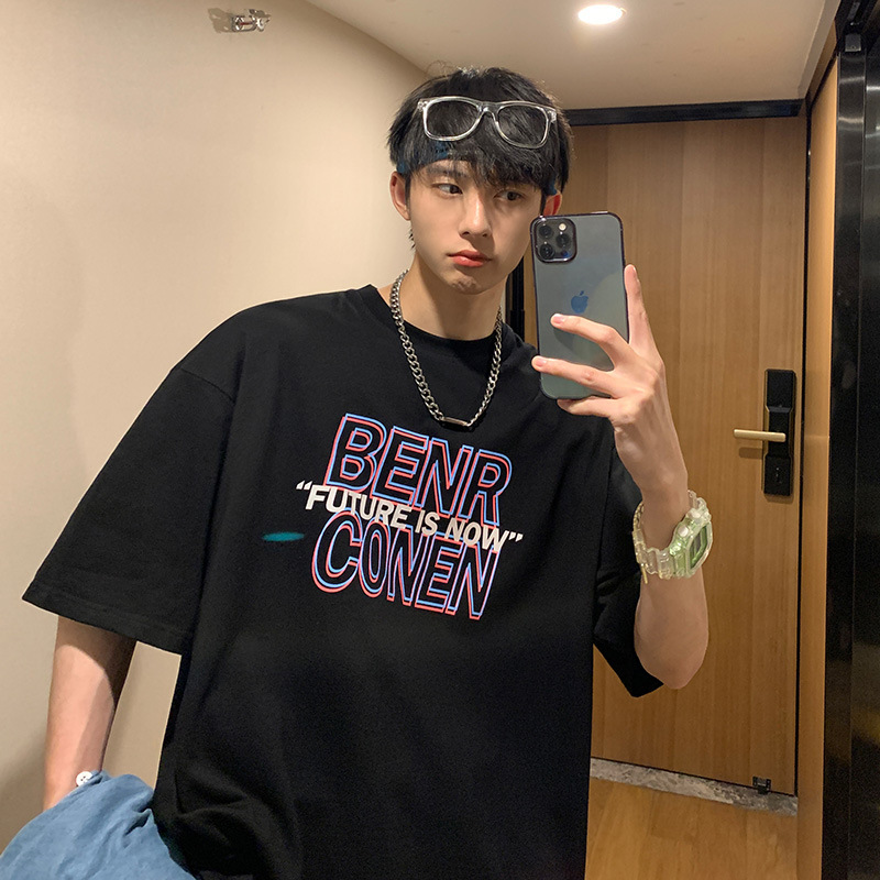 2021年夏季潮流t恤男宽松印花短袖新款圆领休闲半袖五分袖5分上衣