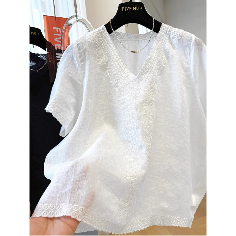 女性のための重厚な刺繍Vネックコットンとリネンの半袖シャツ、新しい夏のスタイル、ゆったりしていて超見栄えの良いフレンチトップ、ユニークなシャツ|undefined