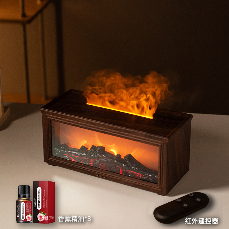 壁炉香薰机3D仿真火焰氛围灯精油创意小型家用跨境木纹空气加湿器|undefined