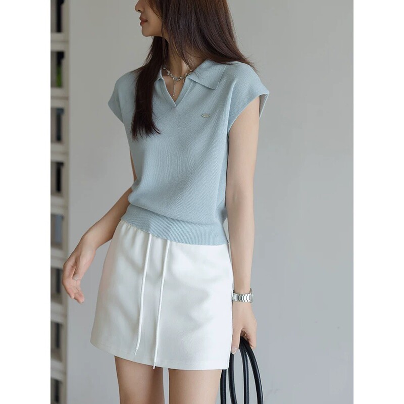 Blue Linen Tencel Lapel Knitted Short-Sleeved Women's 2026 New Summer Style Short Polo Shirt Top