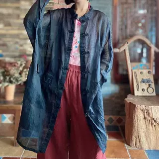 落古泥轻定制复古苎麻宽松不对称口袋长外套衬衫1435黑
