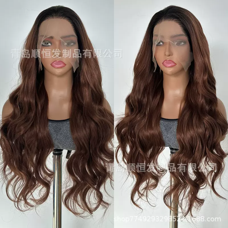 欧美渐变金棕色大波浪前蕾丝假发全头套长卷发高温丝Wigs工厂批发