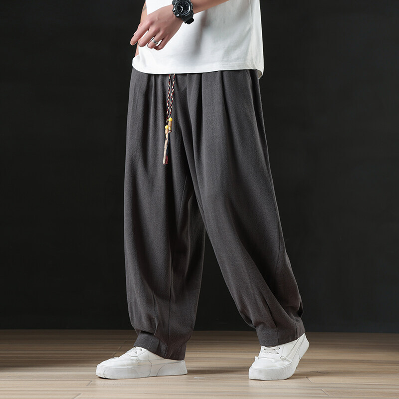 Linen Pants Men's Summer Loose Pendant Wide Leg Casual Trousers New Chinese Style National Style plus size Cotton and Linen Lantern Hallen Pants