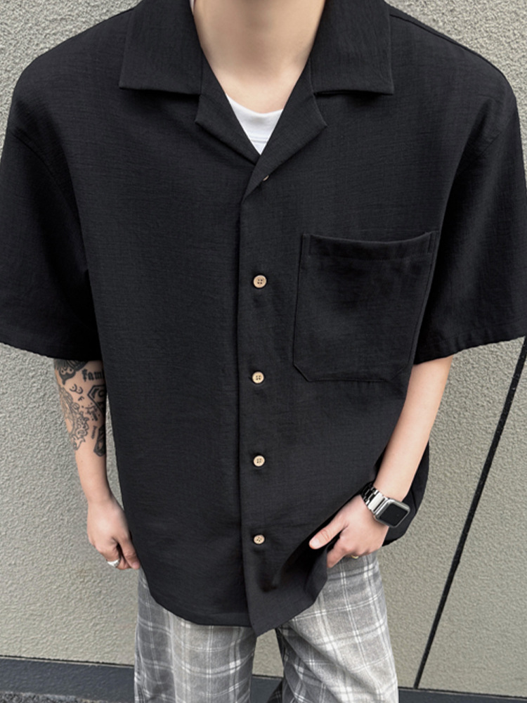 Herren Kurzarmhemd In Schwarz Leinenoptik Oversized Sommer_voghion.com