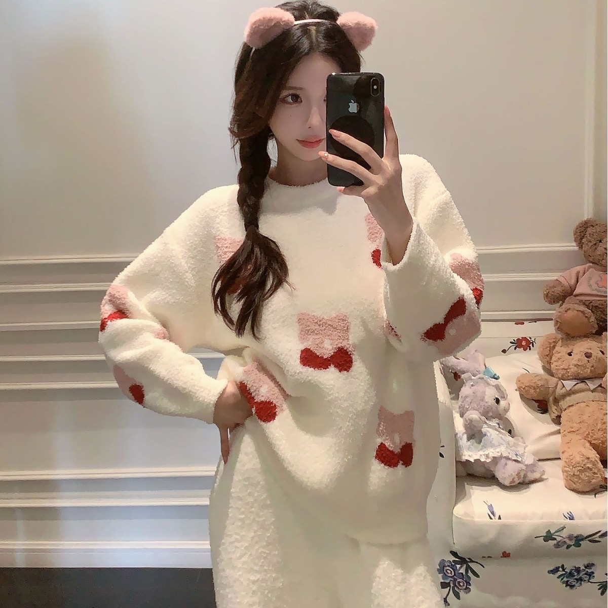 하프 벨벳 파자마 여성의 겨울 두꺼운 기모 따뜻한 연인 프리미엄 홈 옷 세트 크루 넥 가리 스타일 잠옷