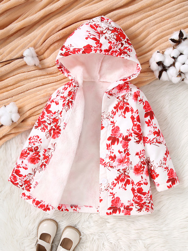 Girls 'coat in winter, new floral hooded European and American style coat for girls, medium and long loose plush coat, trendy