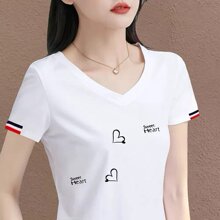 轻奢高端货白色V领短袖T恤女爱心印花拼色袖口宽松显瘦休闲上衣