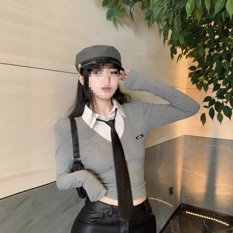 [Official Picture, Cut as You Like Modal 260g 1*1] 2025 Autumn Style Tie Inner Layering Shirt Women's Long-Sleeved T-Shirt
