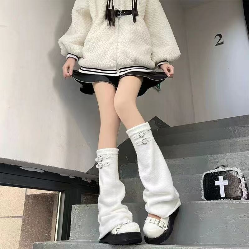 2025 日本オリジナルニットワイドレッグパイルソックス y2k ホットガールサブカルラブレザーバックル jk ストッキング|undefined