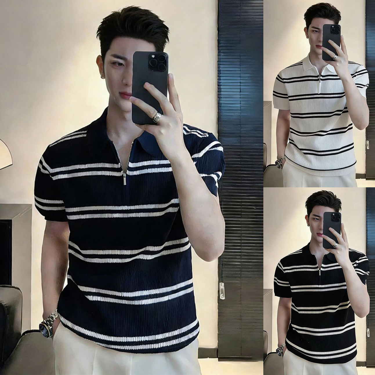 Camisas de polo de manga corta de vello de estilo de verano, camisetas de hielo con media cremallera a rayas, fábrica transfronteriza al por mayor
