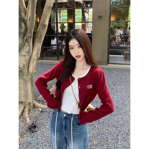 American street two-piece set T-shirt knit cardigan women's short slimming hot girl early autumn casual top