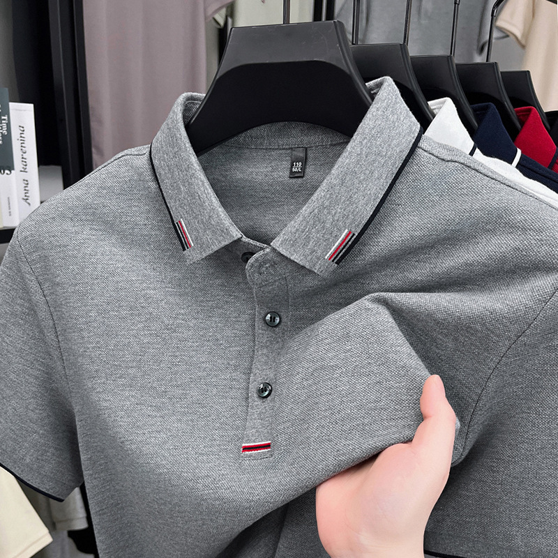 純綿夏の新しいメンズ tシャツ刺繍ハイエンドルーズファッション薄い半袖ラペルアイスシルク半袖メンズ tシャツ|undefined