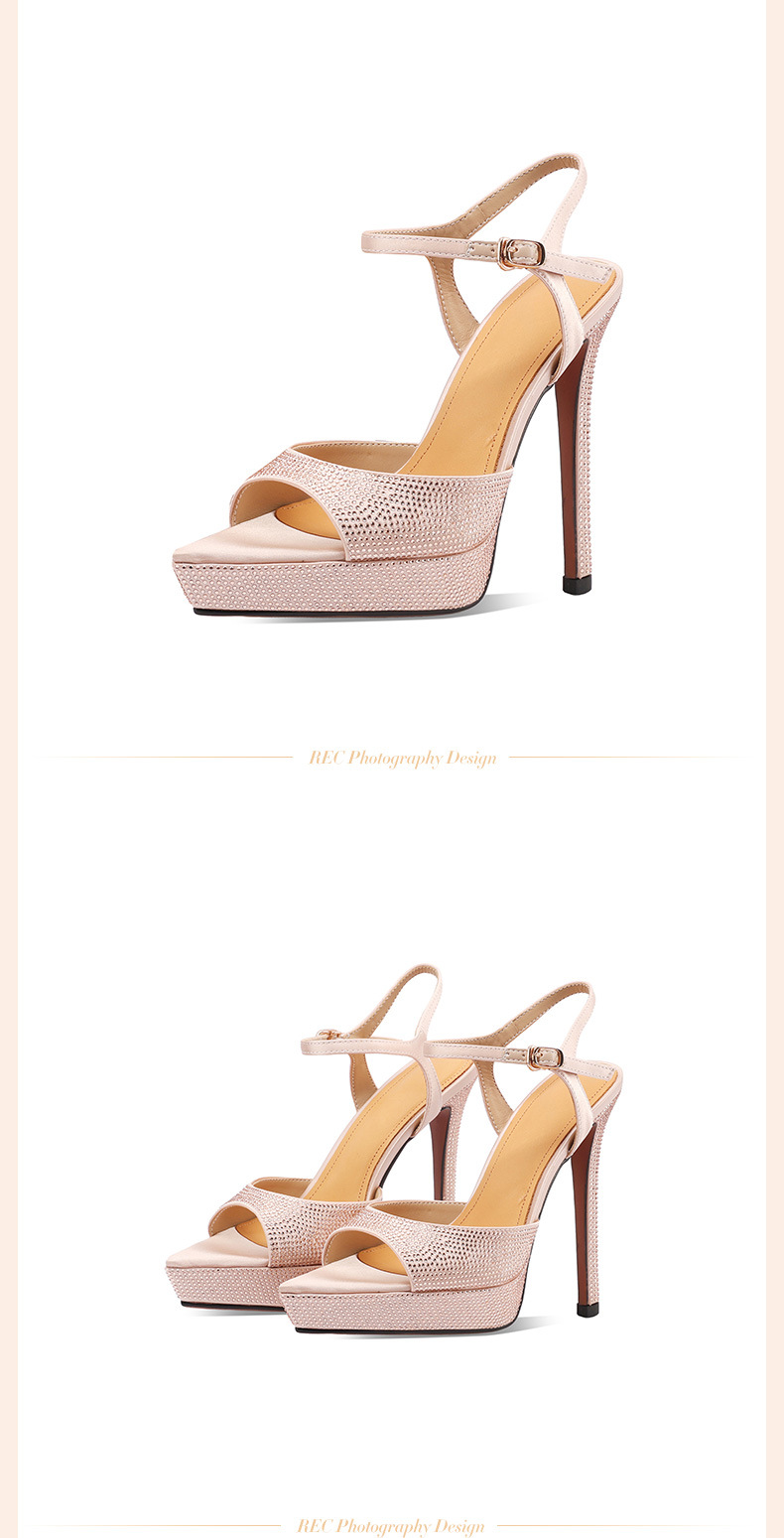 Sandal cao gót nữ mũi nhọn hở ngón, quai một chữ khóa, gót siêu cao 12 cm, đính đá lấp lánh — Màu đen (12 cm) chi tiết 6