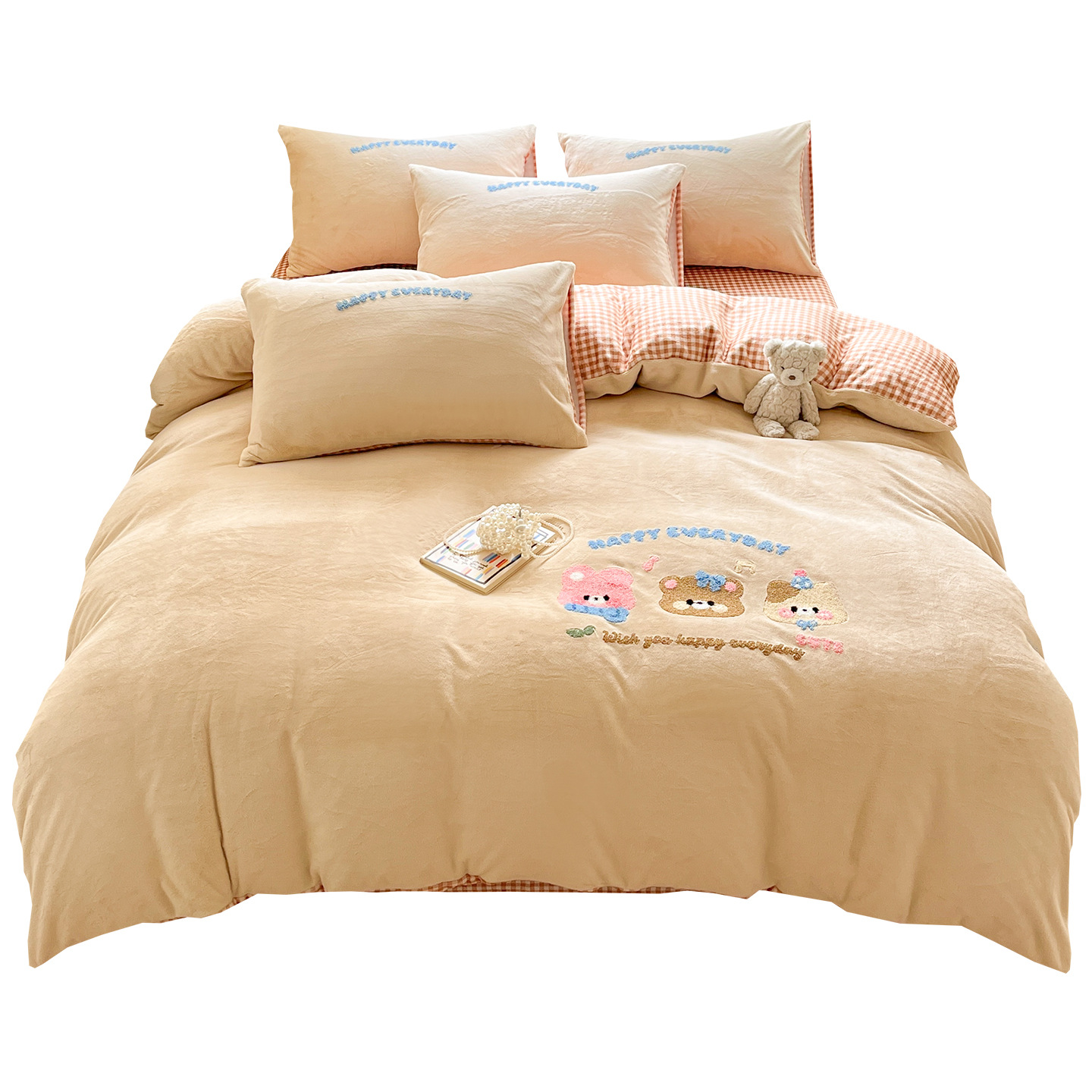 Otoño y invierno engrosado y cálido de leche de lana de cuatro piezas lindo cartón de coral flange edredón sábanas