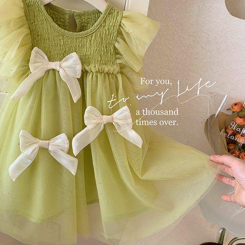 2024 new summer girls' dress, fashionable and comfortable gauze skirt, mesh princess dress, baby flying sleeve skirt