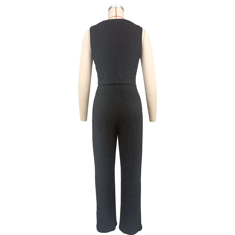 Women's Sleeveless Round Neck Solid Color Top & Long Pants Set - Breathable Polyester Spandex Blend - Casual Office Wear - Black/Maroon (S-XXL)_ecoleips.com