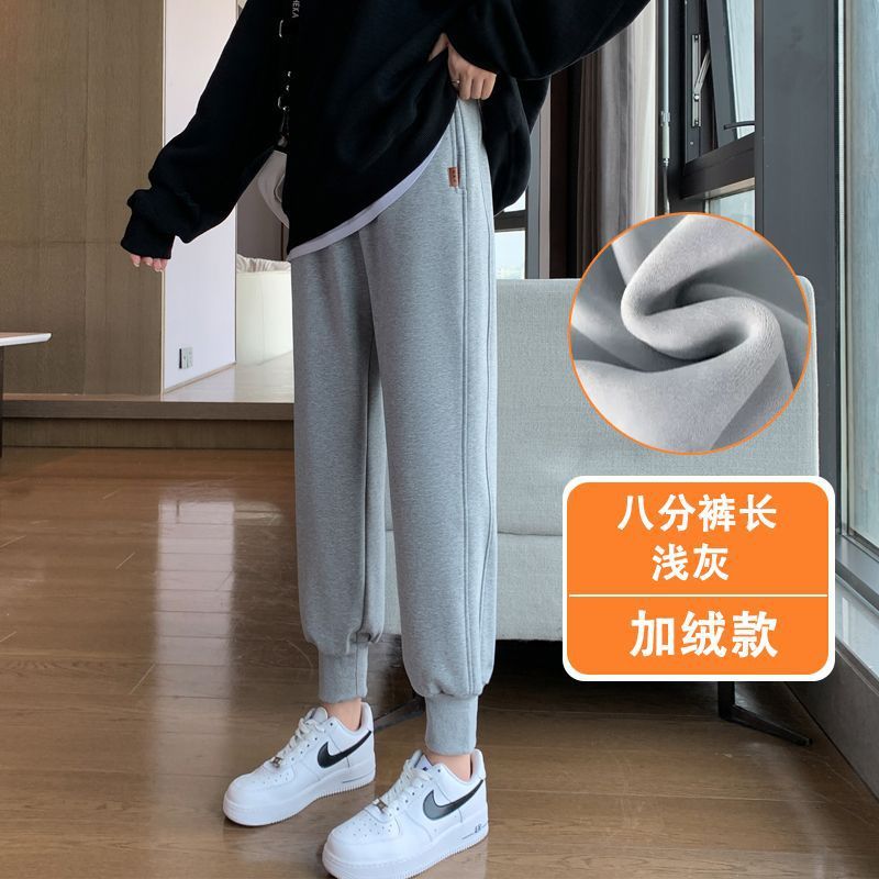 加绒卫裤女冬季外穿哈伦休闲裤子宽松束脚小个子灰色运动裤女秋冬|undefined