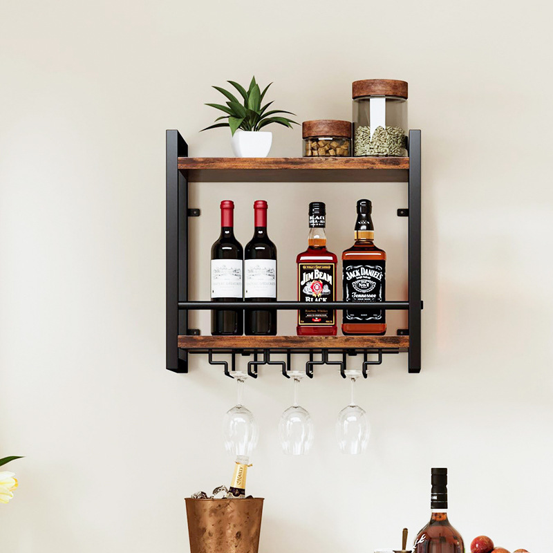 Double-layer Wall-mounted Red Wine Rack Multi-functional Metal Frame Home Storage Rack Vintage Wooden Wine Glass Storage Rack