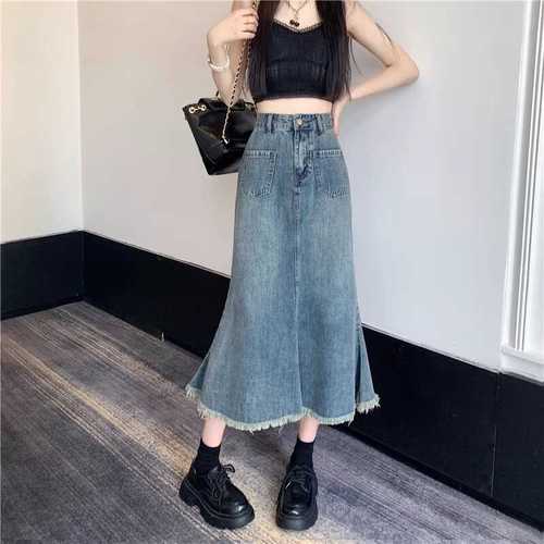 Vintage Cowboy Semi-Body Skirt for Women 2025 Spring and Summer High-Waist Slimming Fringe Medium-Length Fish Tail Skirt Trendy