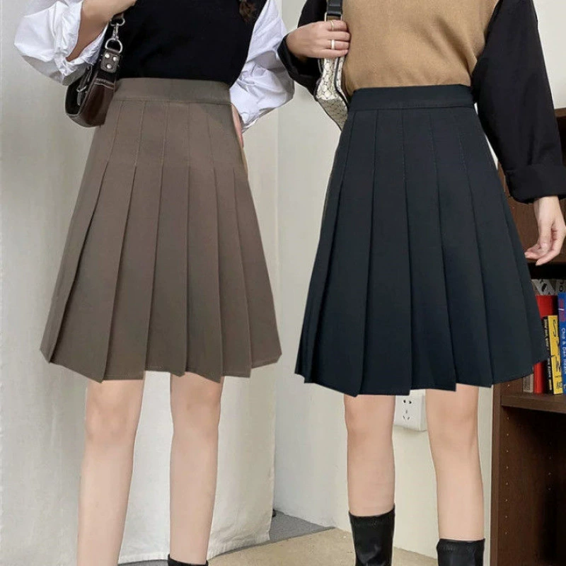 Плиссированная юбка средней длины для женщин, летняя высокая юбка средней длины, пышная плиссированная юбка большого размера с высокой талией для похудения в студенческом стиле
